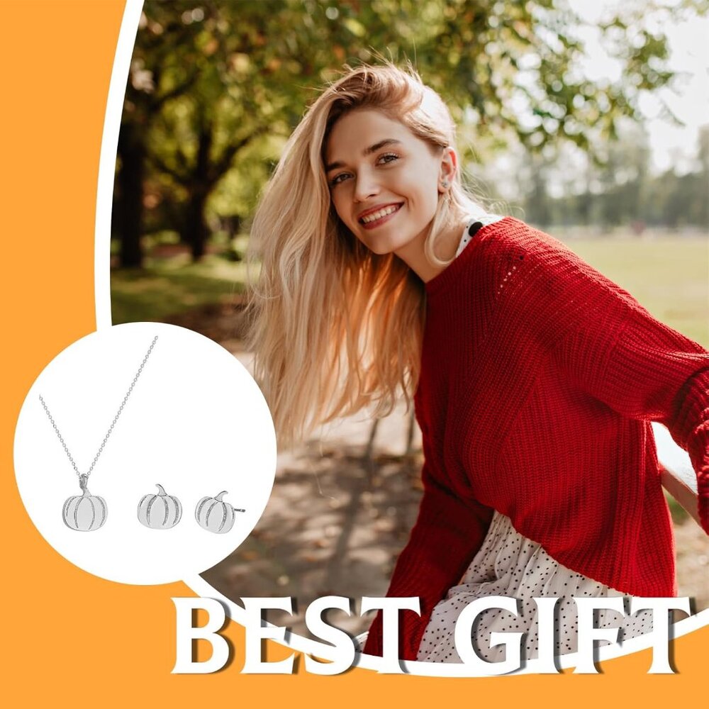 Pumpkin Jewelry Set for Women Silver Gold Pumpkin Necklace Stud Earrings Autumn - Picture 4 of 7